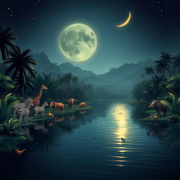 A serene midnight jungle scene in the middle of a river