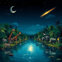 A serene midnight jungle scene in the middle of a river