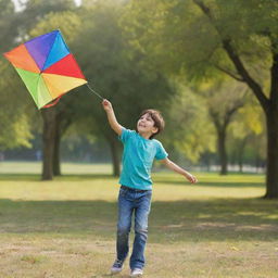 A cheerful young boy playing with a colorful kite in a sunny park