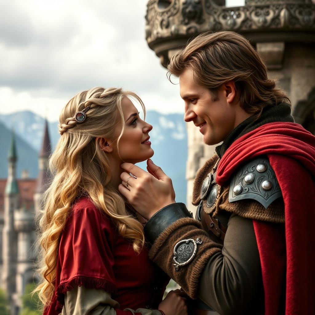 A handsome man with brown hair is holding the chin of a pretty blonde woman