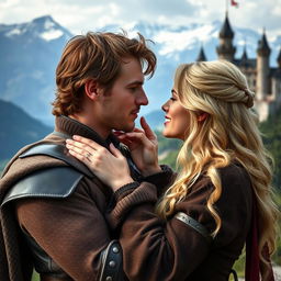 A handsome man with brown hair is holding the chin of a pretty blonde woman