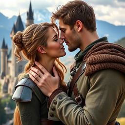 A handsome man with brown hair is holding the chin of a pretty blonde woman