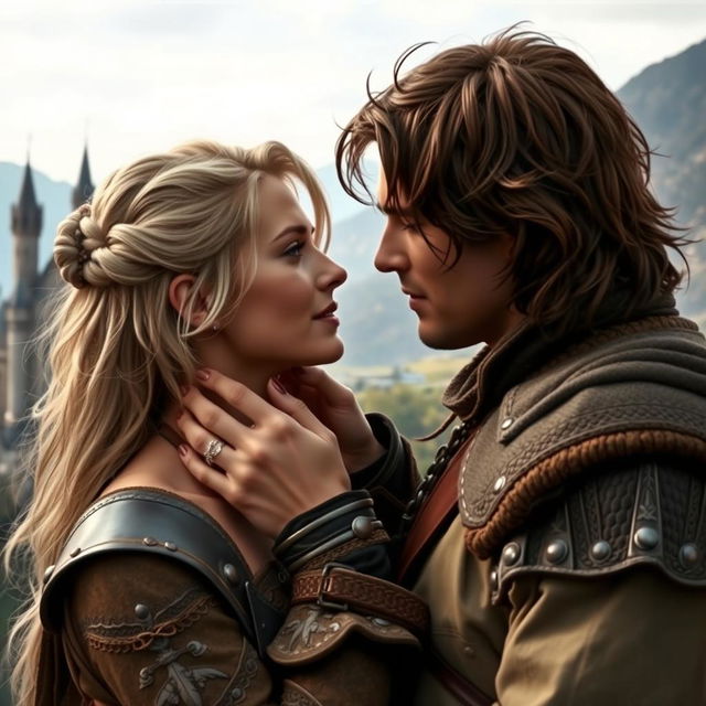 A handsome man with brown hair is holding the chin of a pretty blonde woman