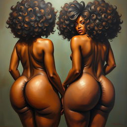 A polished, finished oil-based painting depicting a full body view of sexy black women with afros