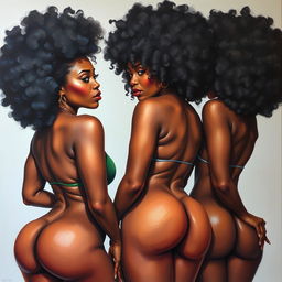 A polished, finished oil-based painting depicting a full body view of sexy black women with afros