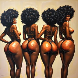 A polished, finished oil-based painting depicting a full body view of sexy black women with afros