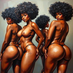 A polished, finished oil-based painting depicting a full body view of sexy black women with afros