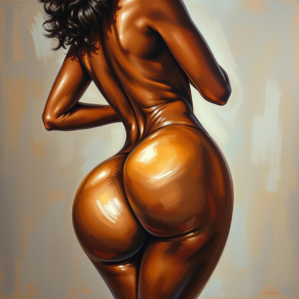 A polished, finished oil-based painting depicting a full-body view of a sexy black woman with an afro