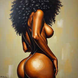 A polished, finished oil-based painting depicting a full-body view of a sexy black woman with an afro