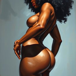 A polished, finished oil-based painting depicting a full-body view of a sexy black woman with an afro