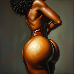 A polished, finished oil-based painting depicting a full-body view of a sexy black woman with an afro