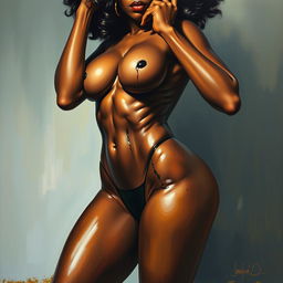 A polished, finished oil-based painting depicting a full-body view of a sexy black woman with an afro