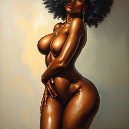 A polished, finished oil-based painting depicting a full-body view of a sexy black woman with an afro