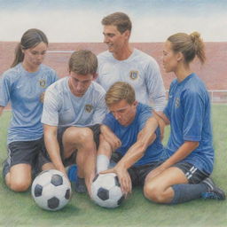 Colored pencil drawing of supportive individuals helping soccer players manage stress and pressure, conveying an atmosphere of empathy and encouragement