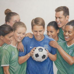 Colored pencil drawing of supportive individuals helping soccer players manage stress and pressure, conveying an atmosphere of empathy and encouragement