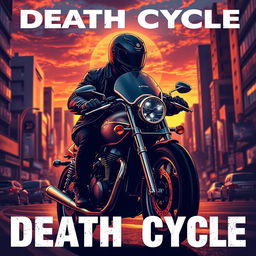 Create a visually striking poster titled 'Death Cycle' featuring a motorcyclist riding through a bustling city at sundown