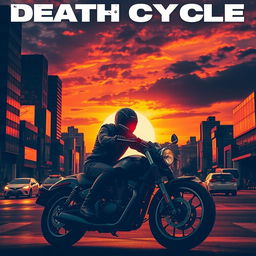 Create a visually striking poster titled 'Death Cycle' featuring a motorcyclist riding through a bustling city at sundown