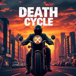 Create a visually striking poster titled 'Death Cycle' featuring a motorcyclist riding through a bustling city at sundown