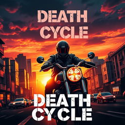 Create a visually striking poster titled 'Death Cycle' featuring a motorcyclist riding through a bustling city at sundown