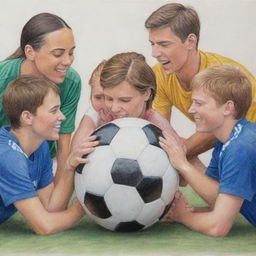 Colored pencil drawing of supportive individuals helping soccer players manage stress and pressure, conveying an atmosphere of empathy and encouragement