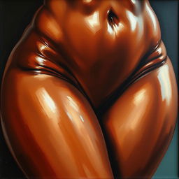 A polished, finished oil-based painting depicting a close-up view of the pelvic region of a sexy black woman with thick, oiled thighs