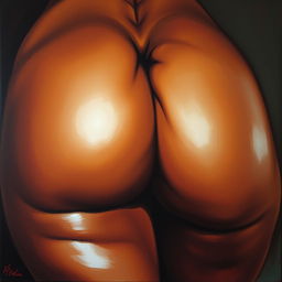 A polished, finished oil-based painting depicting a close-up view of the pelvic region of a sexy black woman with thick, oiled thighs