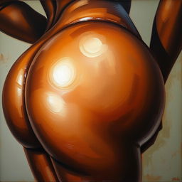 A polished, finished oil-based painting depicting a close-up view of the pelvic region of a sexy black woman with thick, oiled thighs