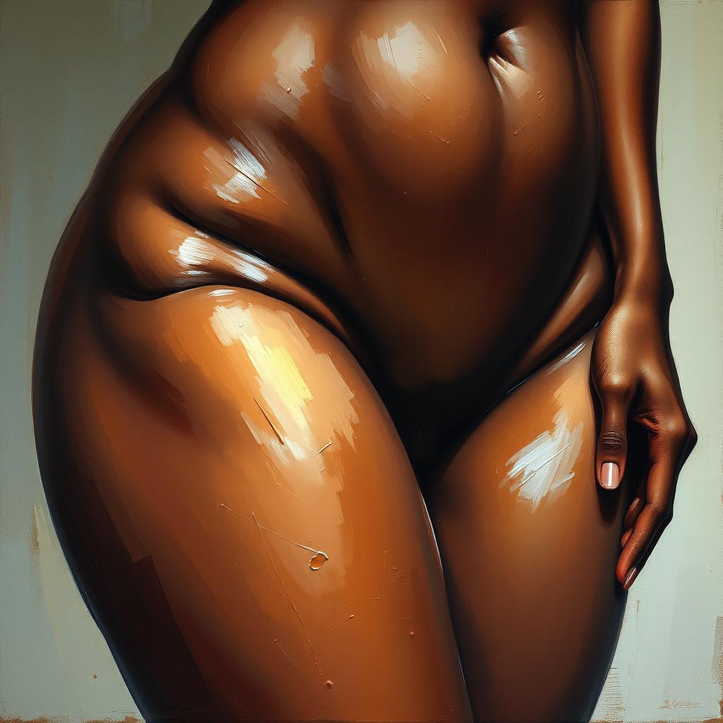 A polished, finished oil-based painting depicting a close-up view of the pelvic region of a sexy black woman with thick, oiled thighs