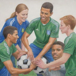 Colored pencil drawing of supportive individuals helping soccer players manage stress and pressure, conveying an atmosphere of empathy and encouragement