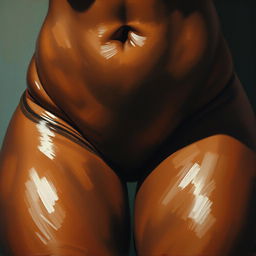 A polished, finished oil-based painting depicting a close-up view of the pelvic region of a sexy black woman with thick, oiled thighs