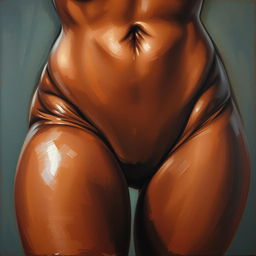 A polished, finished oil-based painting depicting a close-up view of the pelvic region of a sexy black woman with thick, oiled thighs