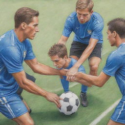 Sketch-like colored pencil drawing of supportive individuals helping soccer players manage stress and pressure, emphasizing hand-drawn, loosely detailed style