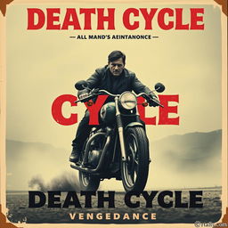 Create a visually stunning vintage movie poster titled 'Death Cycle' featuring a man on a motorcycle seeking vengeance