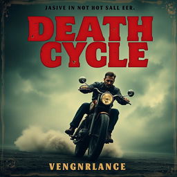 Create a visually stunning vintage movie poster titled 'Death Cycle' featuring a man on a motorcycle seeking vengeance