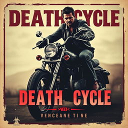 Create a visually stunning vintage movie poster titled 'Death Cycle' featuring a man on a motorcycle seeking vengeance