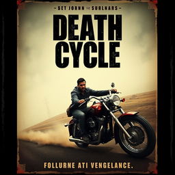 Create a visually stunning vintage movie poster titled 'Death Cycle' featuring a man on a motorcycle seeking vengeance