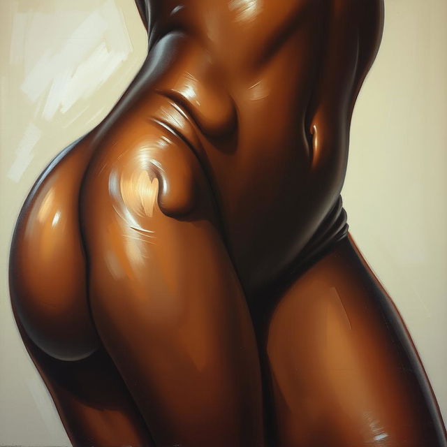 A polished, finished oil-based painting depicting a close-up view of the pelvic region of a sexy black woman with thick, luscious, oiled thighs