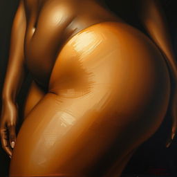 A polished, finished oil-based painting depicting a close-up view of the pelvic region of a sexy black woman with thick, luscious, oiled thighs