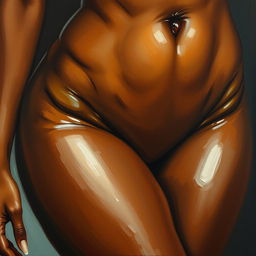 A polished, finished oil-based painting depicting a close-up view of the pelvic region of a sexy black woman with thick, luscious, oiled thighs