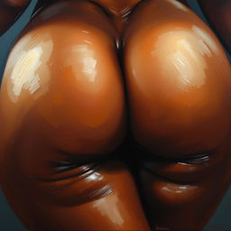 A polished, finished oil-based painting depicting a close-up view of the pelvic region of a sexy black woman with thick, luscious, oiled thighs