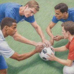 Sketch-like colored pencil drawing of supportive individuals helping soccer players manage stress and pressure, emphasizing hand-drawn, loosely detailed style