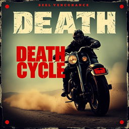 Create a visually stunning vintage movie poster titled 'Death Cycle' featuring a motorcyclist seeking vengeance