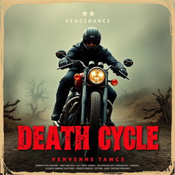 Create a visually stunning vintage movie poster titled 'Death Cycle' featuring a motorcyclist seeking vengeance