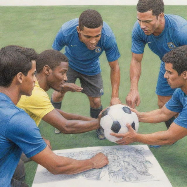 Sketch-like colored pencil drawing of supportive individuals helping soccer players manage stress and pressure, emphasizing hand-drawn, loosely detailed style