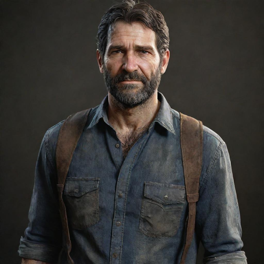 Generate a real-life representation of Joel Miller, the character from The Last of Us video game, as an average middle-aged man with short, graying hair, wearing his signature flannel shirt and jeans.