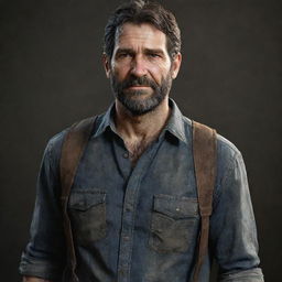 Generate a real-life representation of Joel Miller, the character from The Last of Us video game, as an average middle-aged man with short, graying hair, wearing his signature flannel shirt and jeans.