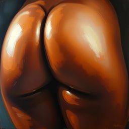 A polished, finished oil-based painting featuring a close-up view of the pelvic region of a sexy black woman with thick, oiled thighs