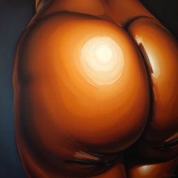 A polished, finished oil-based painting featuring a close-up view of the pelvic region of a sexy black woman with thick, oiled thighs