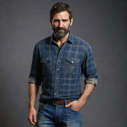 Generate a real-life representation of Joel Miller, the character from The Last of Us video game, as an average middle-aged man with short, graying hair, wearing his signature flannel shirt and jeans.