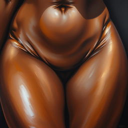 A polished, finished oil-based painting featuring a close-up, front view of the pelvic region of a sexy black woman with solid, thick, oiled thighs